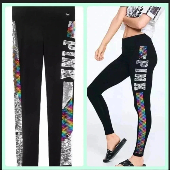 NEW PINK  VS RAINBOW BLING REVERSIBLE
YOGA LEGGINGS XS - Picture 1 of 7